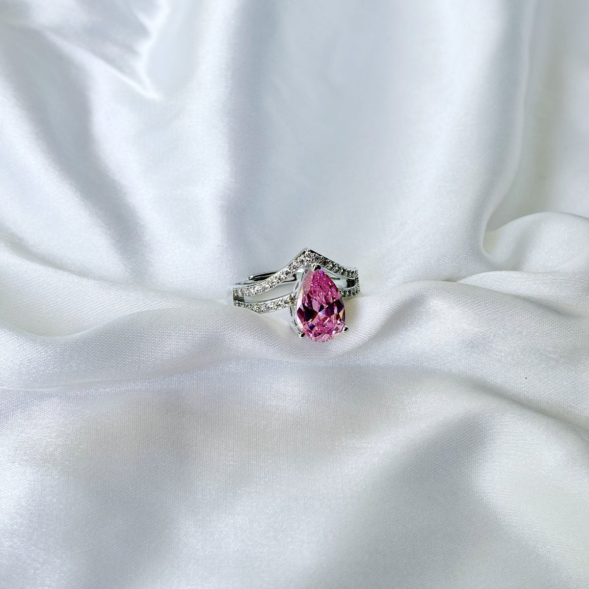 Pink Topaz Cubic Zirconia Ice Cut American Diamond Silver Plated Adjustable Ring