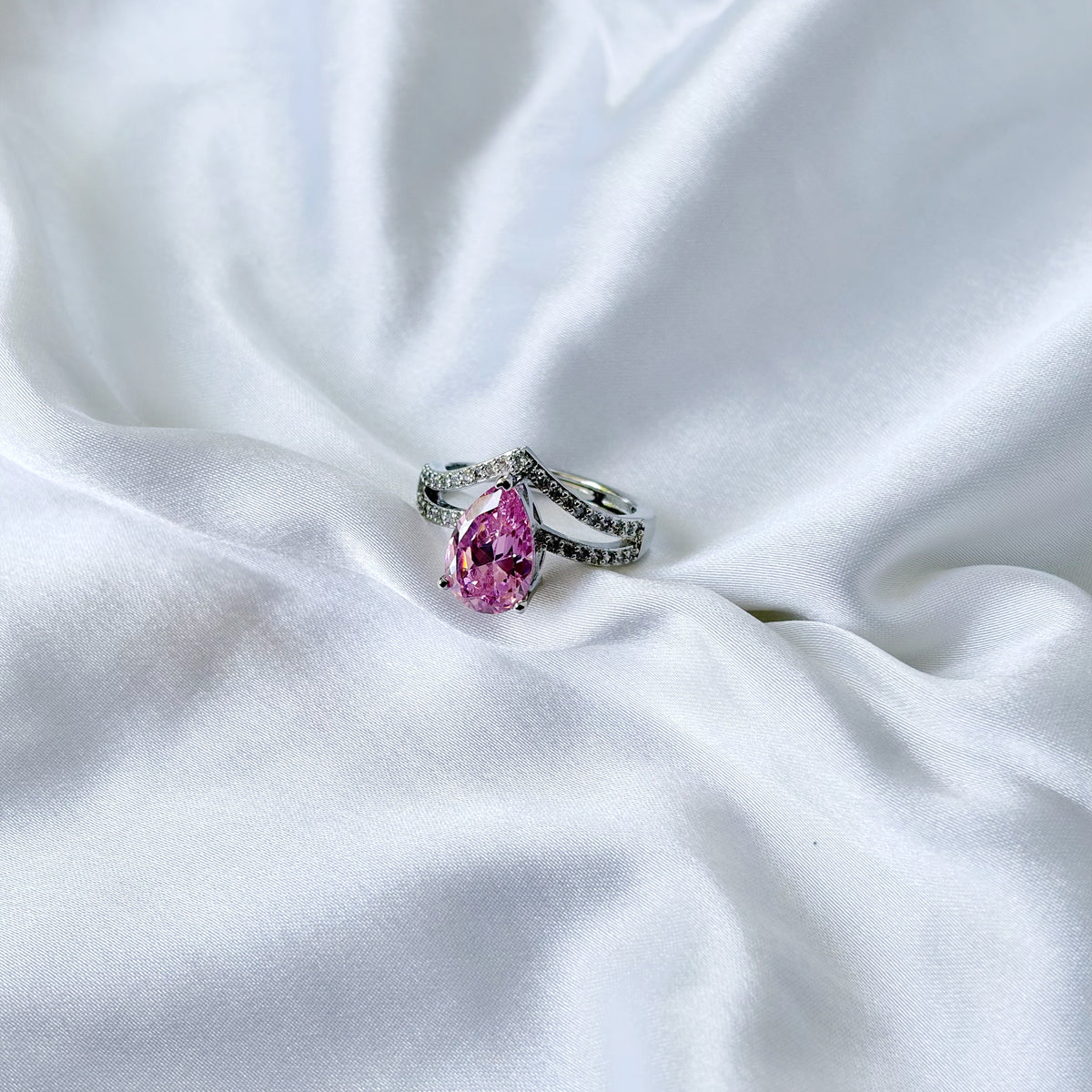 Pink Topaz Cubic Zirconia Ice Cut American Diamond Silver Plated Adjustable Ring
