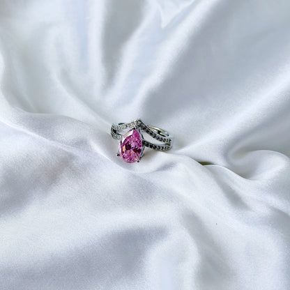 Pink Topaz Cubic Zirconia Ice Cut American Diamond Silver Plated Adjustable Ring