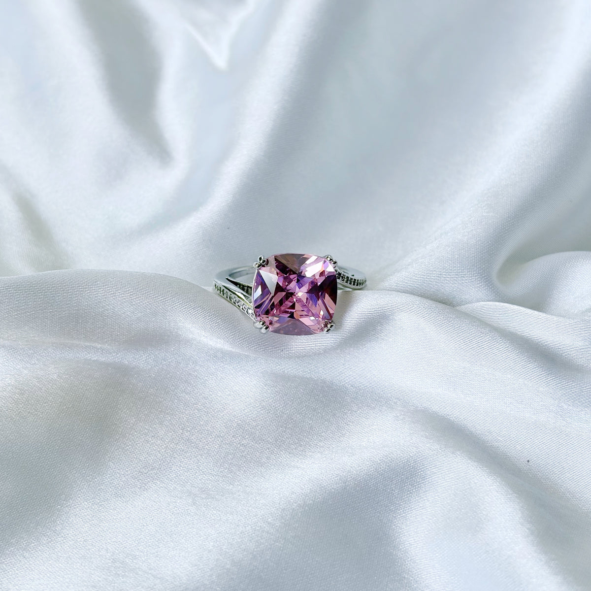 Pink Topaz Cubic Zirconia Ice Cut American Diamond Silver Plated Adjustable Ring