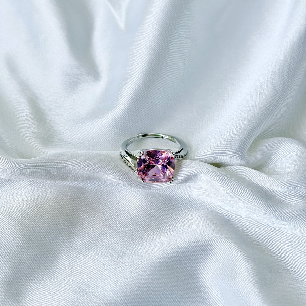 Pink Topaz Cubic Zirconia Ice Cut American Diamond Silver Plated Adjustable Ring