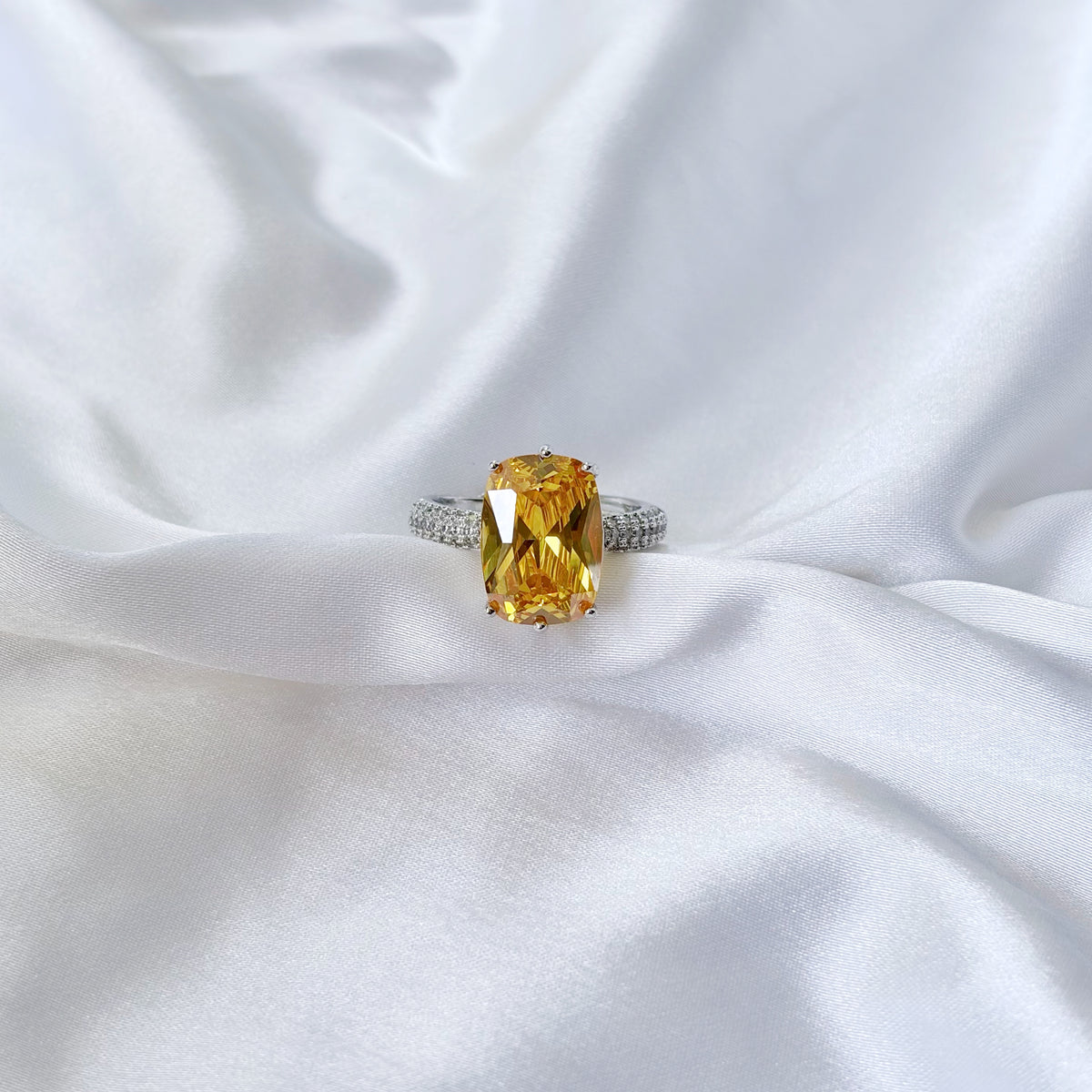 Yellow Topaz Cubic Zirconia Ice Cut American Diamond Silver Plated Adjustable Ring