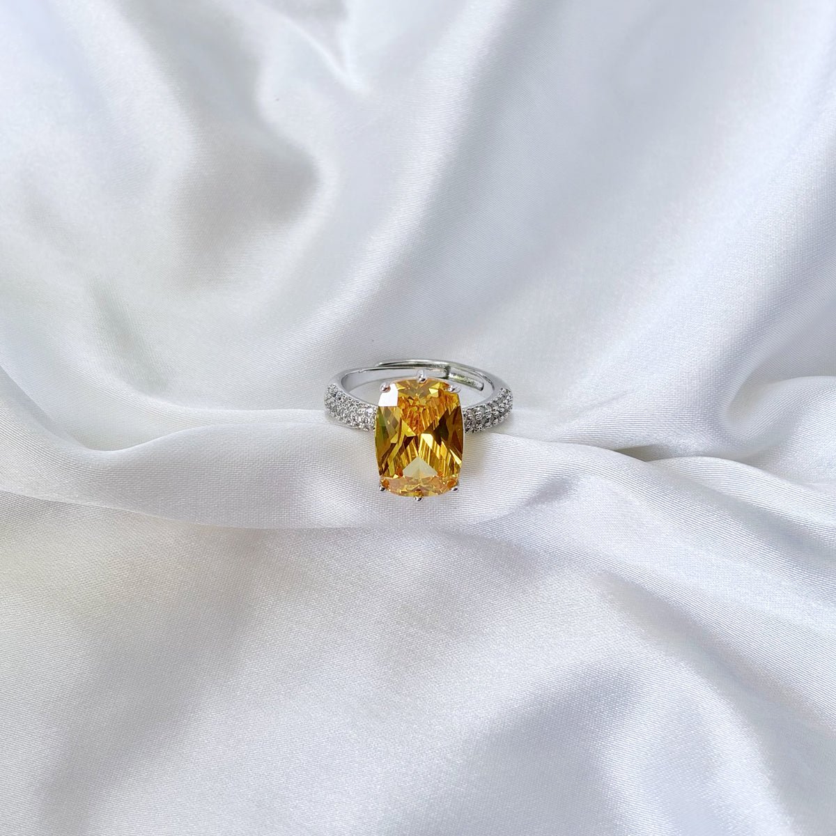 Yellow Topaz Cubic Zirconia Ice Cut American Diamond Silver Plated Adjustable Ring