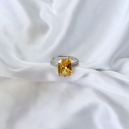 Yellow Topaz Cubic Zirconia Ice Cut American Diamond Silver Plated Adjustable Ring