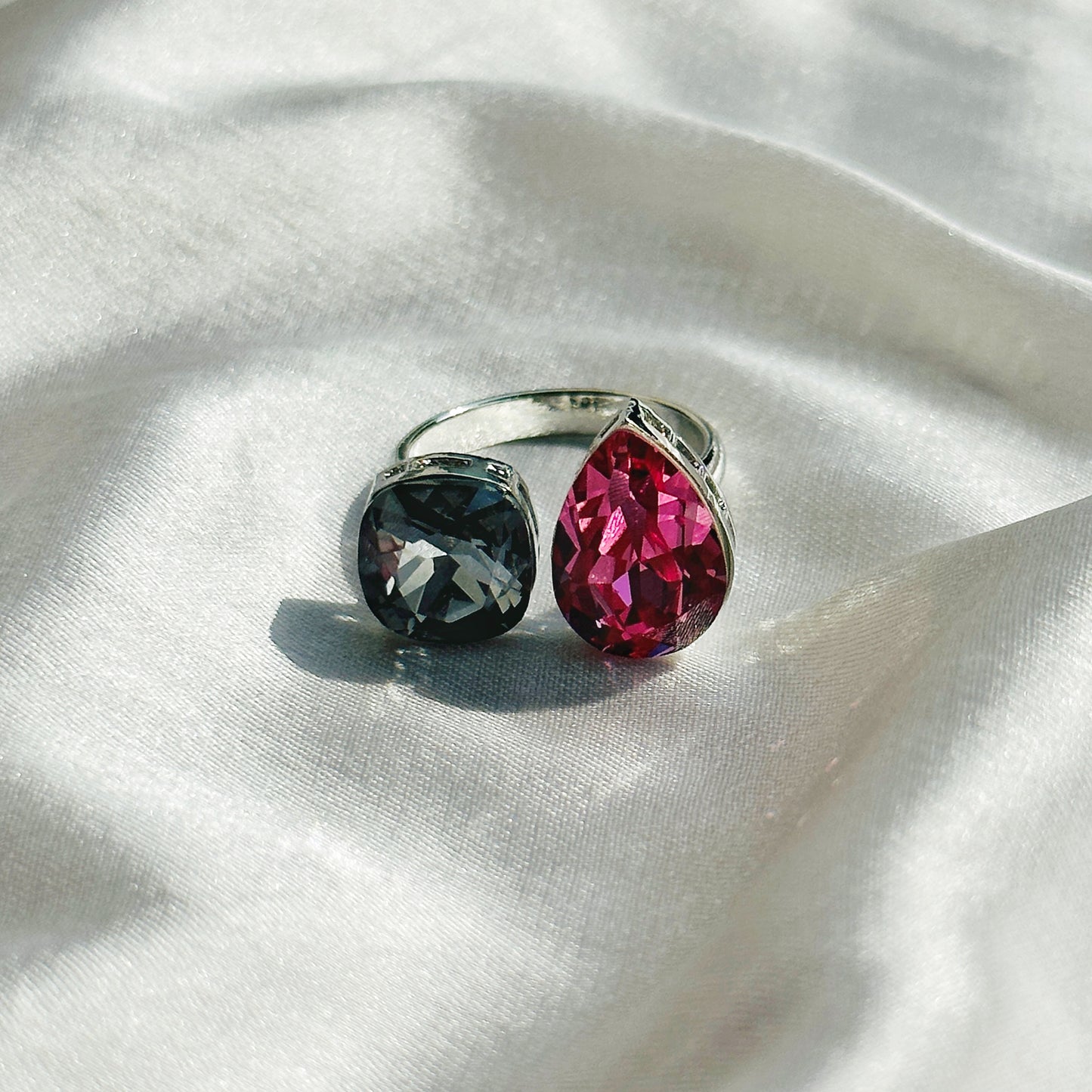 Morion/Fuchsia Crystal Swarovski Crystals Silver Plated Adjustable Ring