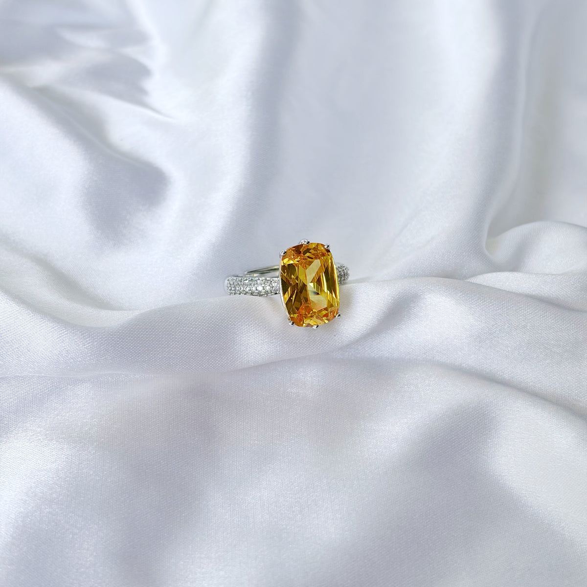 Yellow Topaz Cubic Zirconia Ice Cut American Diamond Silver Plated Adjustable Ring