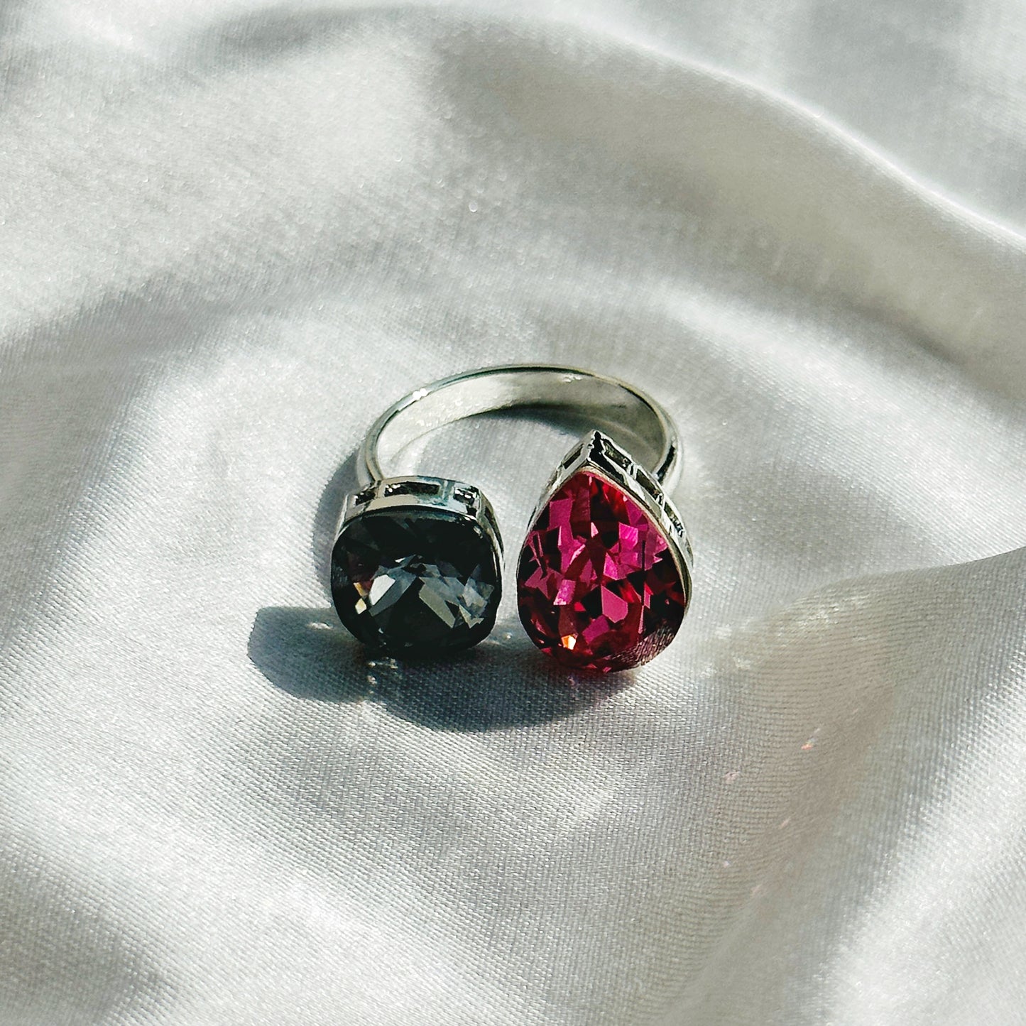Morion/Fuchsia Crystal Swarovski Crystals Silver Plated Adjustable Ring