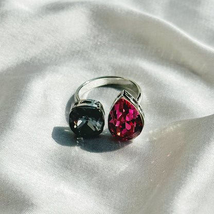 Morion/Fuchsia Crystal Swarovski Crystals Silver Plated Adjustable Ring