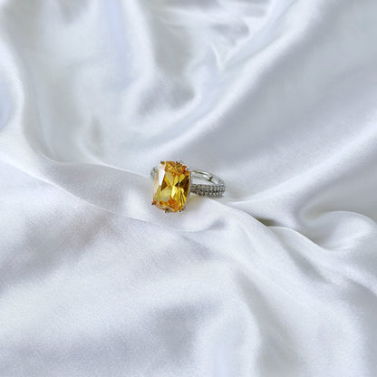 Yellow Topaz Cubic Zirconia Ice Cut American Diamond Silver Plated Adjustable Ring