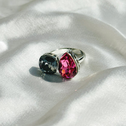 Morion/Fuchsia Crystal Swarovski Crystals Silver Plated Adjustable Ring