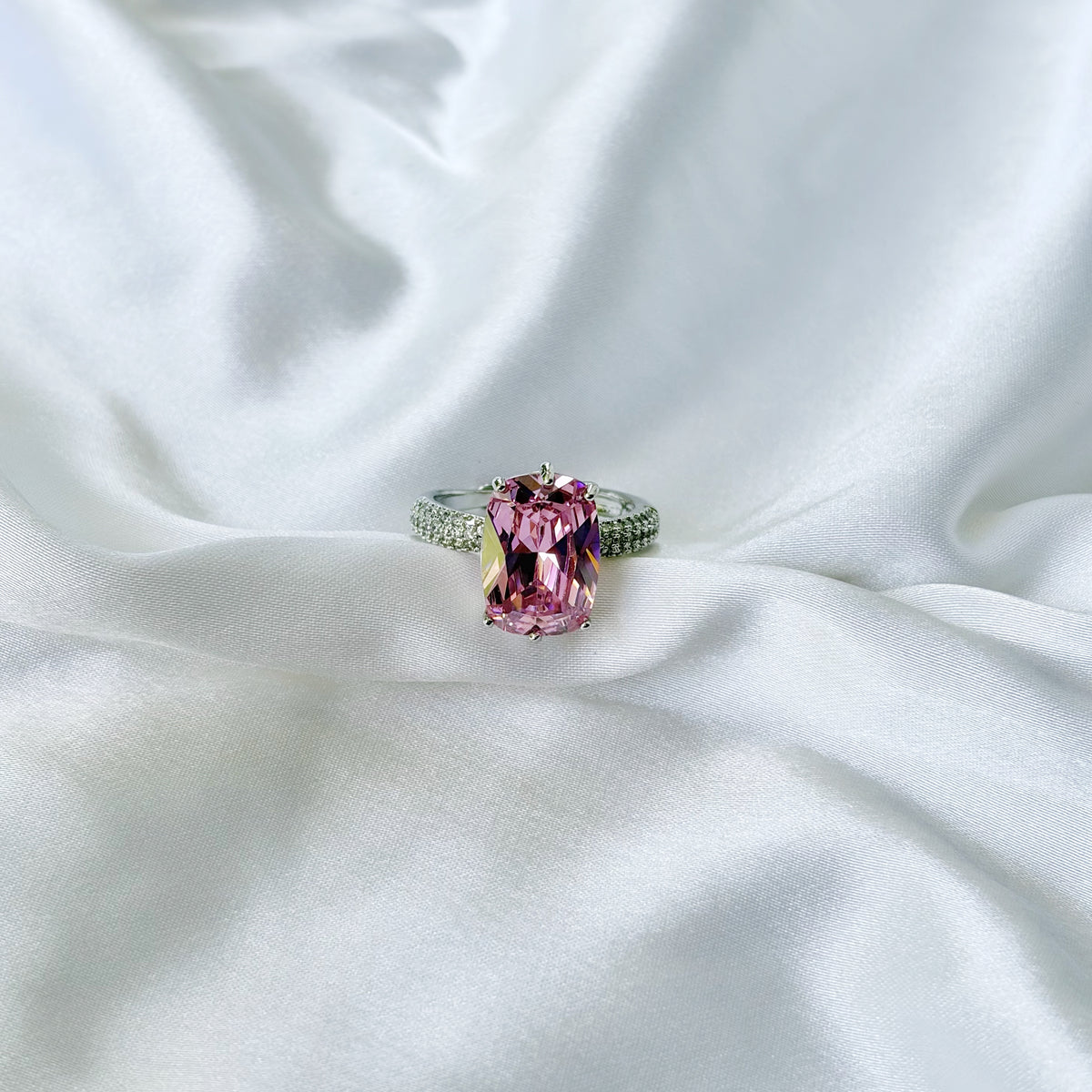 Pink Topaz Cubic Zirconia Ice Cut American Diamond Silver Plated Adjustable Ring