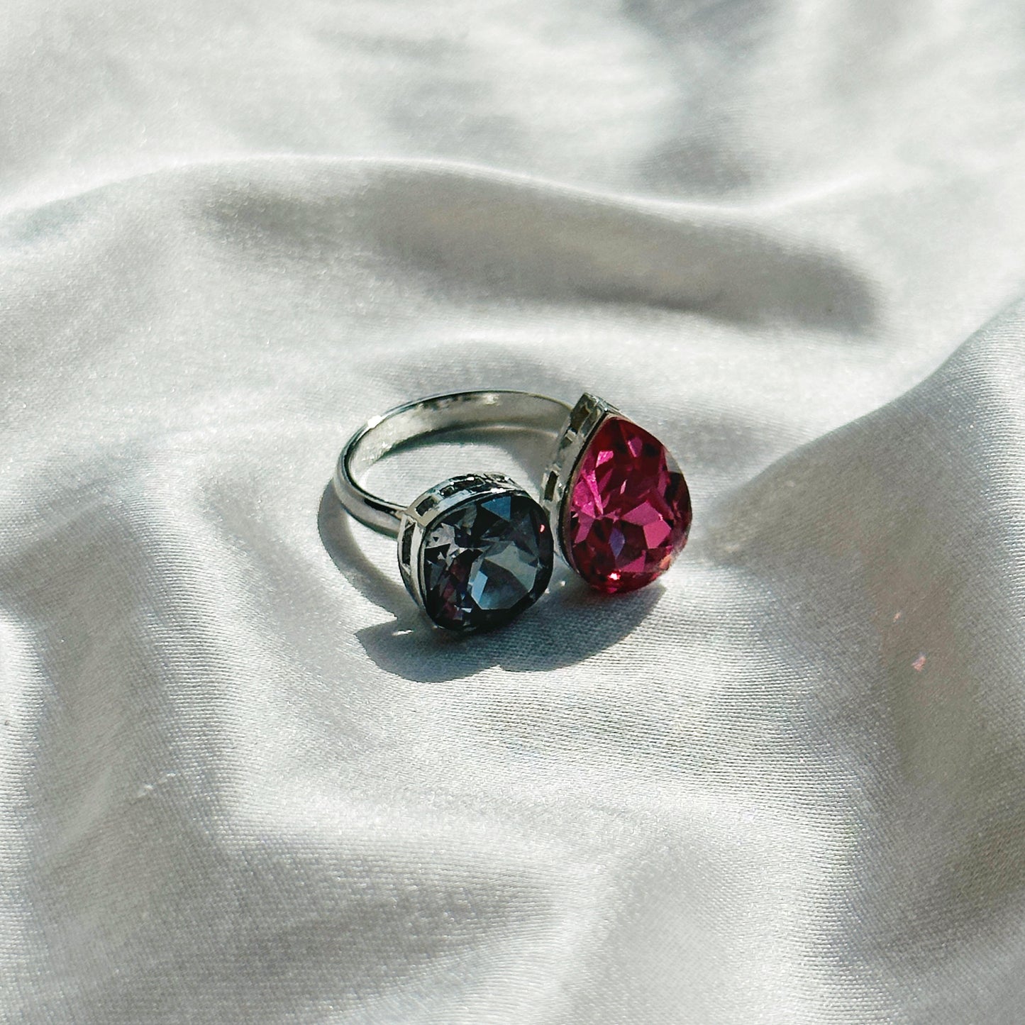 Morion/Fuchsia Crystal Swarovski Crystals Silver Plated Adjustable Ring