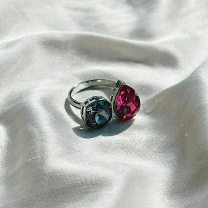 Morion/Fuchsia Crystal Swarovski Crystals Silver Plated Adjustable Ring