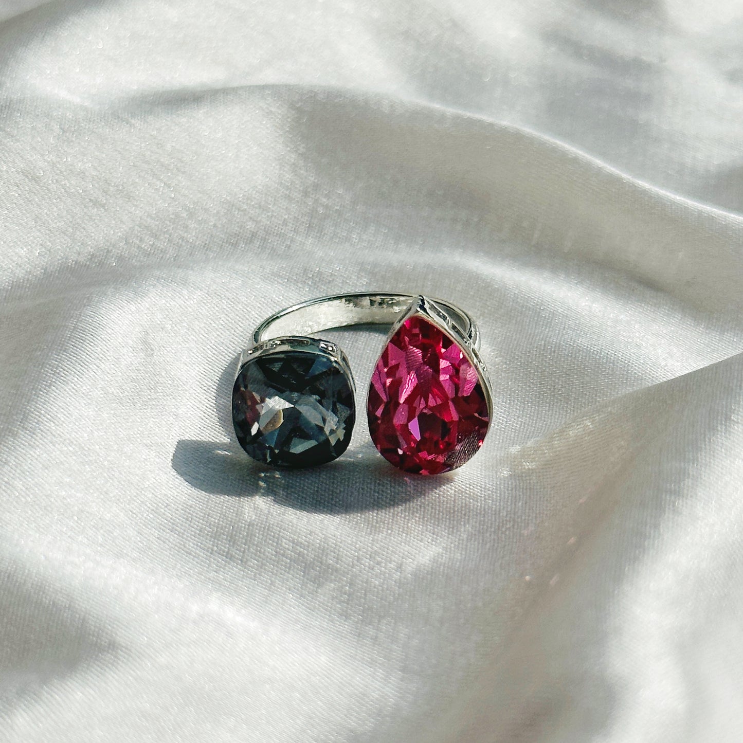 Morion/Fuchsia Crystal Swarovski Crystals Silver Plated Adjustable Ring
