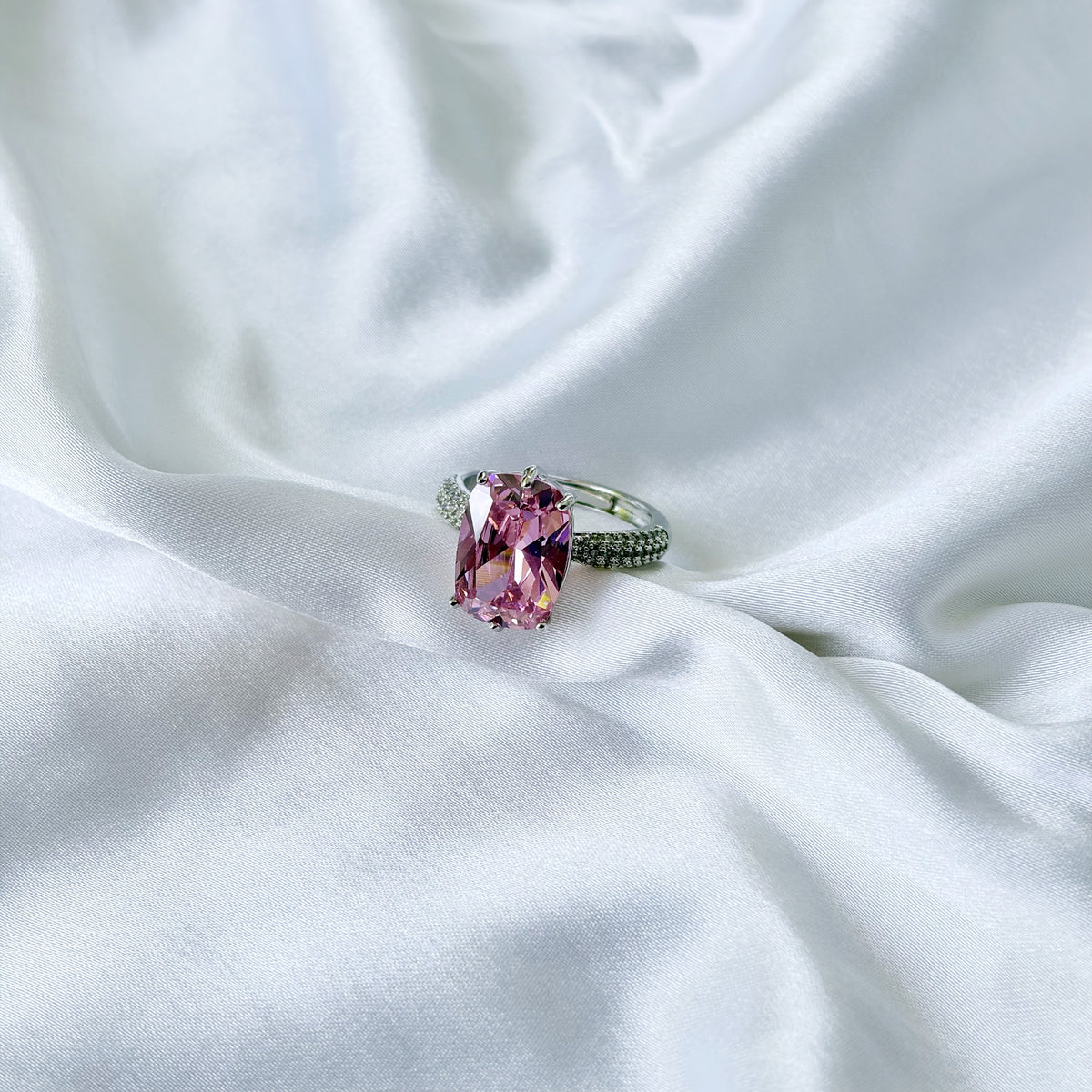 Pink Topaz Cubic Zirconia Ice Cut American Diamond Silver Plated Adjustable Ring