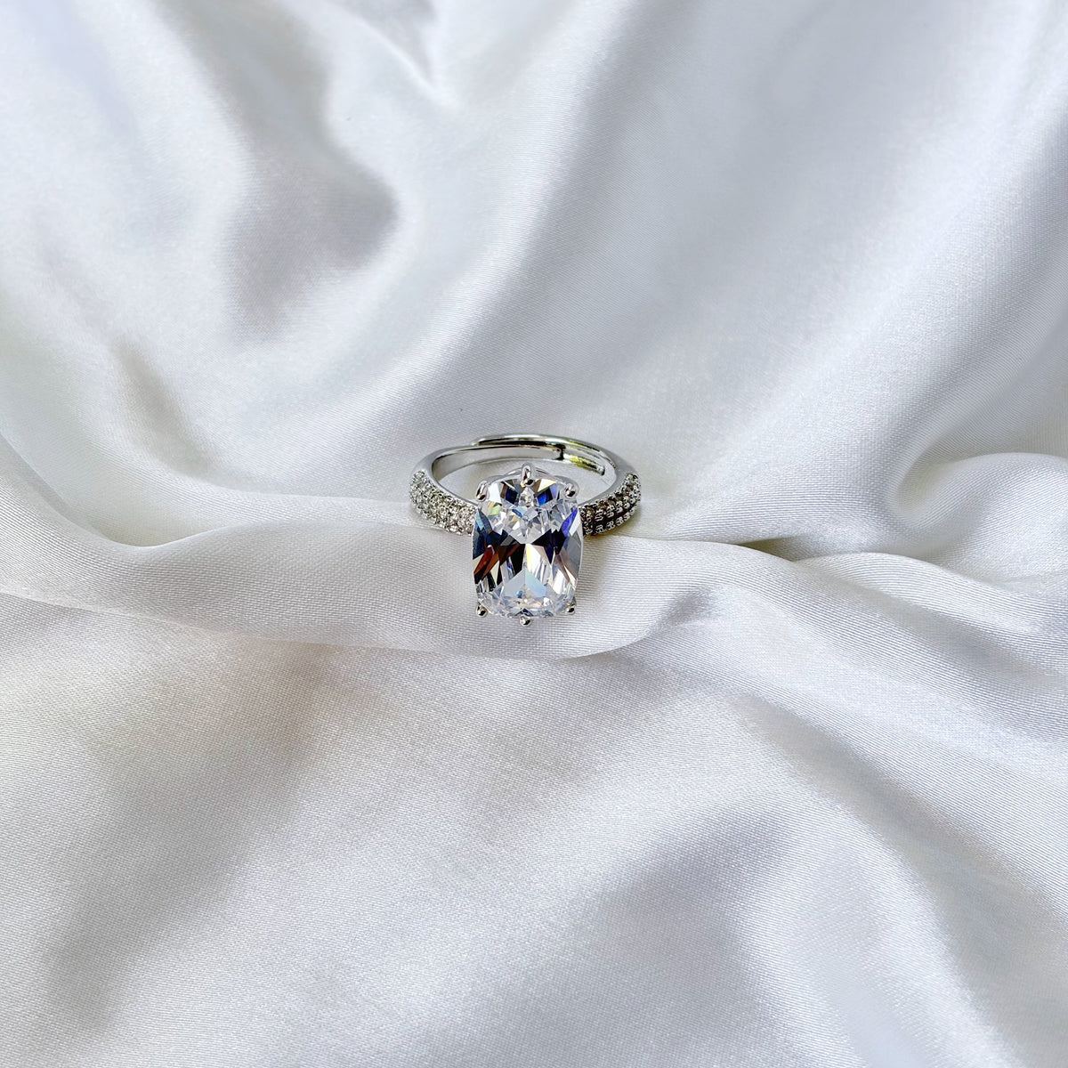 Solitaire Cubic Zirconia Ice Cut American Diamond Silver Plated Adjustable Ring