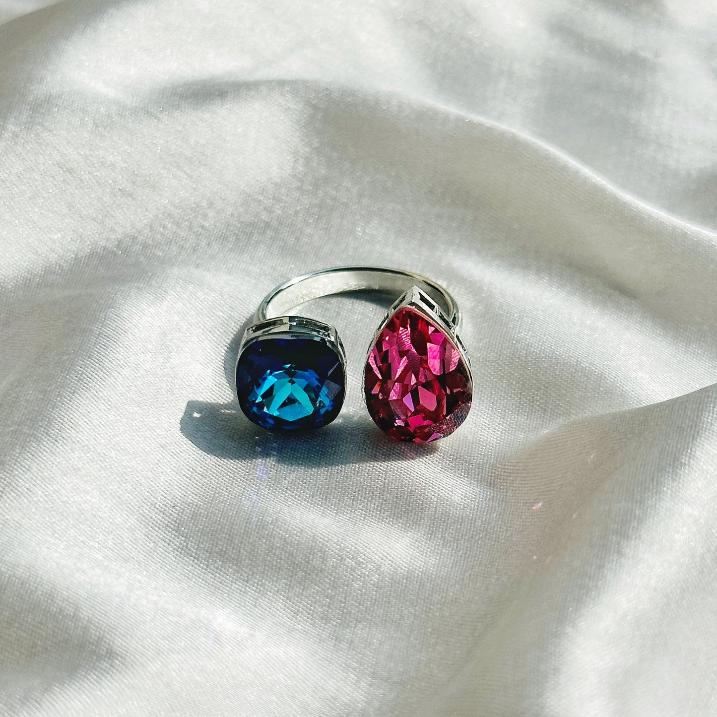 Meridian Blue/Fuchsia Swarovski Crystals Silver Plated Adjustable Ring