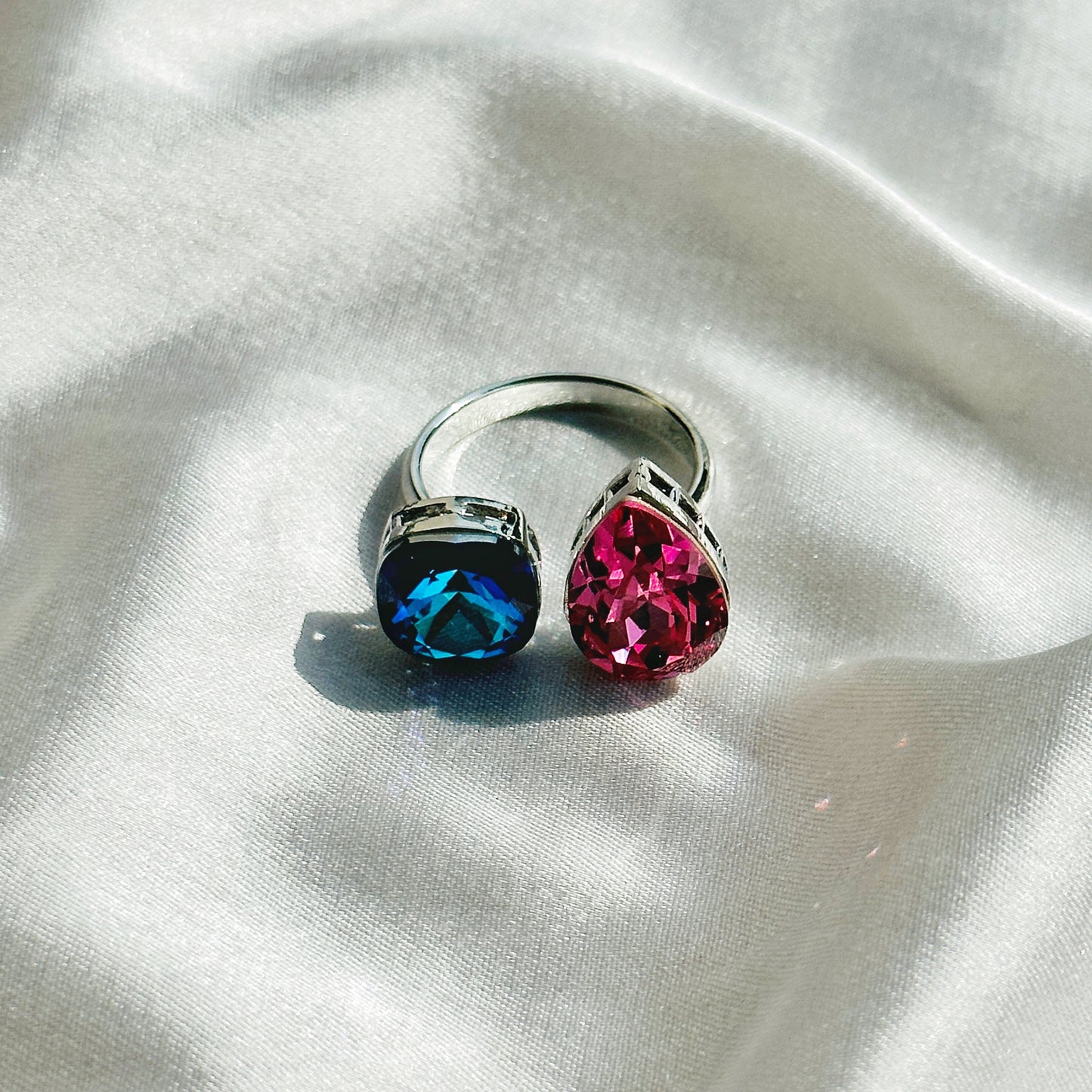 Meridian Blue/Fuchsia Swarovski Crystals Silver Plated Adjustable Ring
