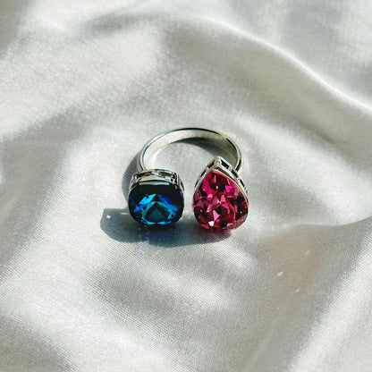 Meridian Blue/Fuchsia Swarovski Crystals Silver Plated Adjustable Ring