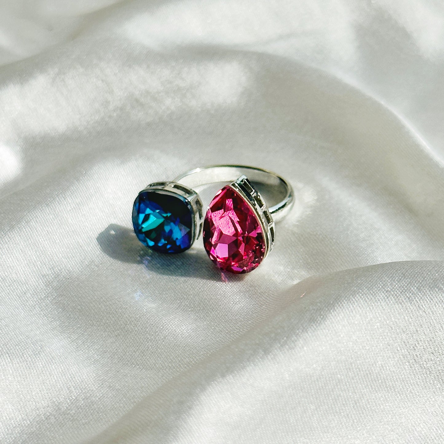 Meridian Blue/Fuchsia Swarovski Crystals Silver Plated Adjustable Ring