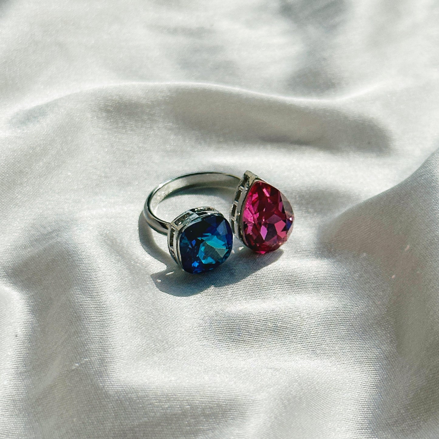 Meridian Blue/Fuchsia Swarovski Crystals Silver Plated Adjustable Ring