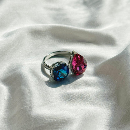 Meridian Blue/Fuchsia Swarovski Crystals Silver Plated Adjustable Ring