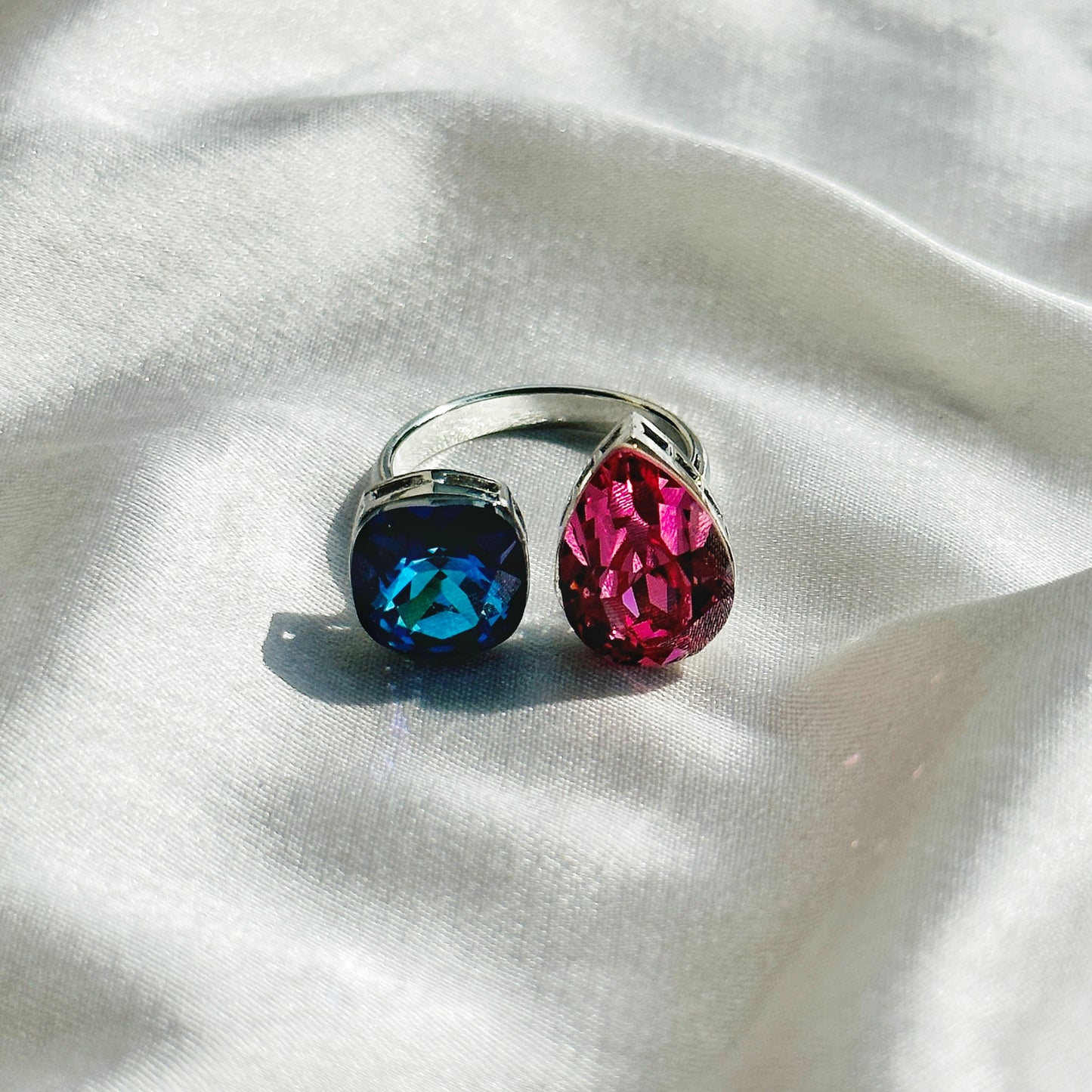Meridian Blue/Fuchsia Swarovski Crystals Silver Plated Adjustable Ring