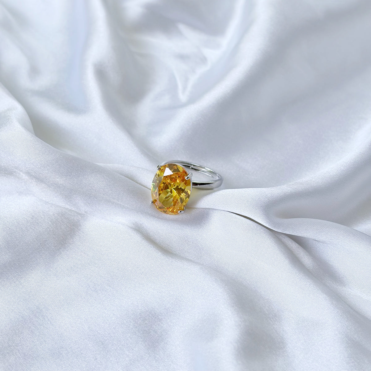 Yellow Topaz Cubic Zirconia Ice Cut American Diamond Silver Plated Adjustable Ring