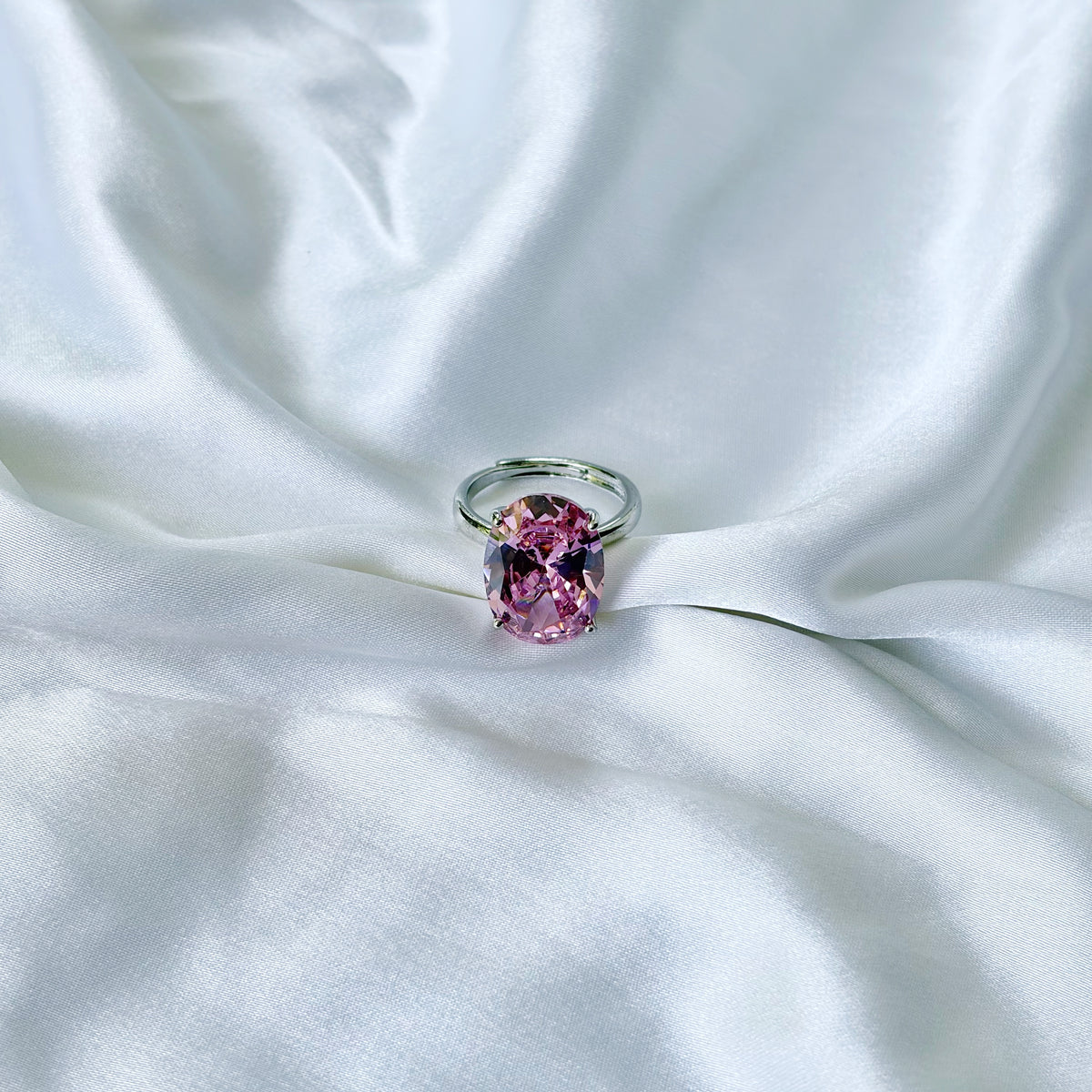 Pink Topaz Cubic Zirconia Ice Cut American Diamond Silver Plated Adjustable Ring