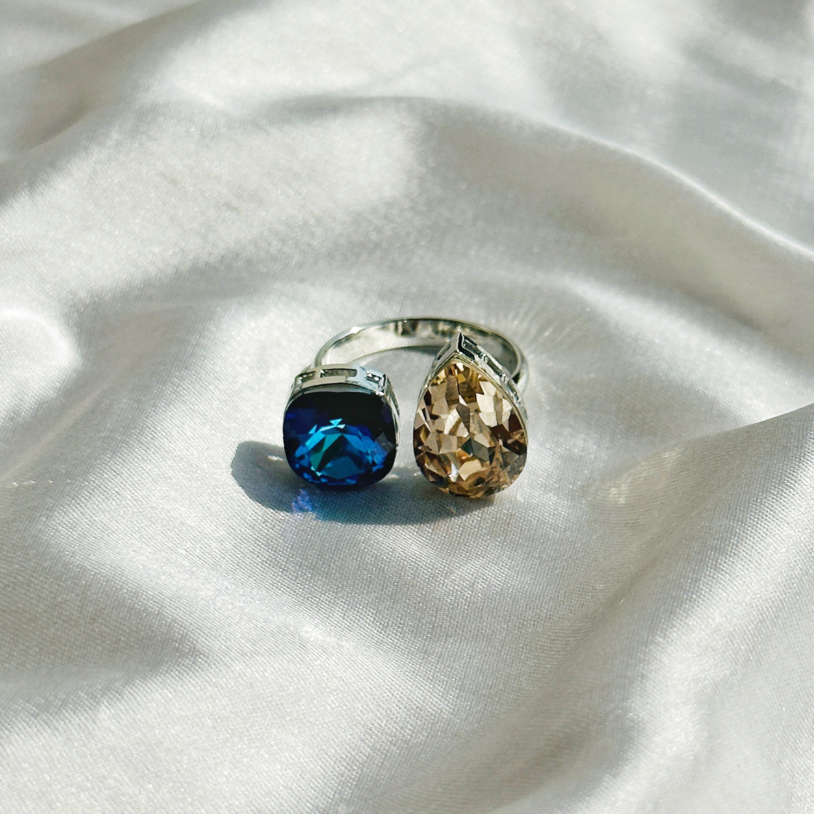 Meridian Blue/Jonquil Swarovski Crystals Silver Plated Adjustable Ring
