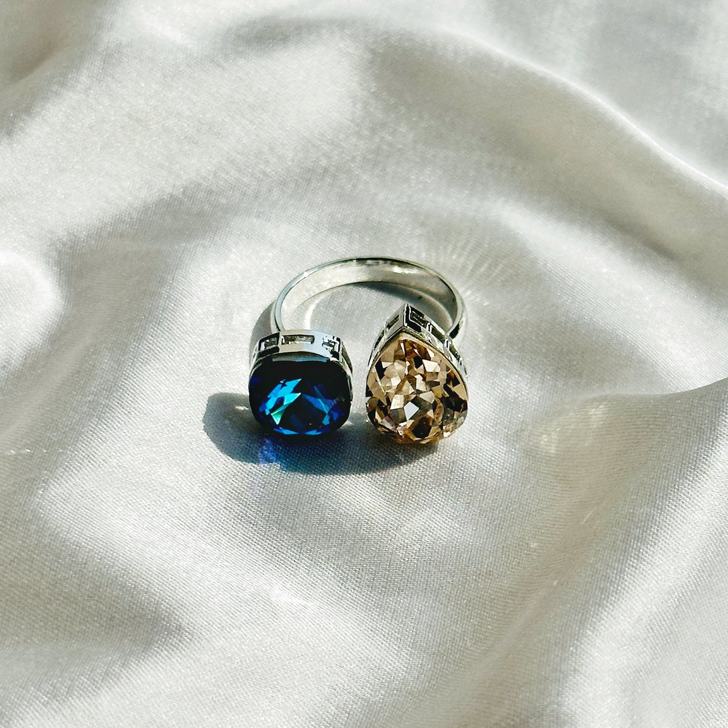 Meridian Blue/Jonquil Swarovski Crystals Silver Plated Adjustable Ring
