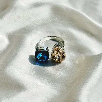 Meridian Blue/Jonquil Swarovski Crystals Silver Plated Adjustable Ring
