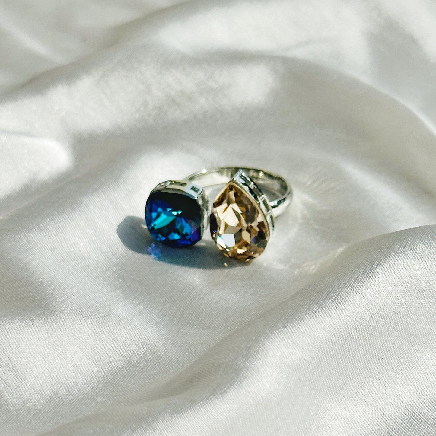 Meridian Blue/Jonquil Swarovski Crystals Silver Plated Adjustable Ring