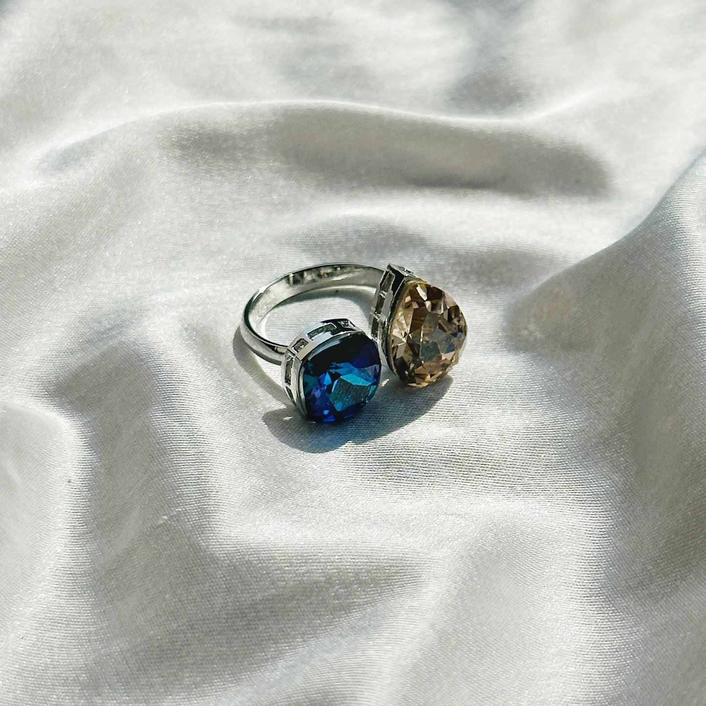 Meridian Blue/Jonquil Swarovski Crystals Silver Plated Adjustable Ring