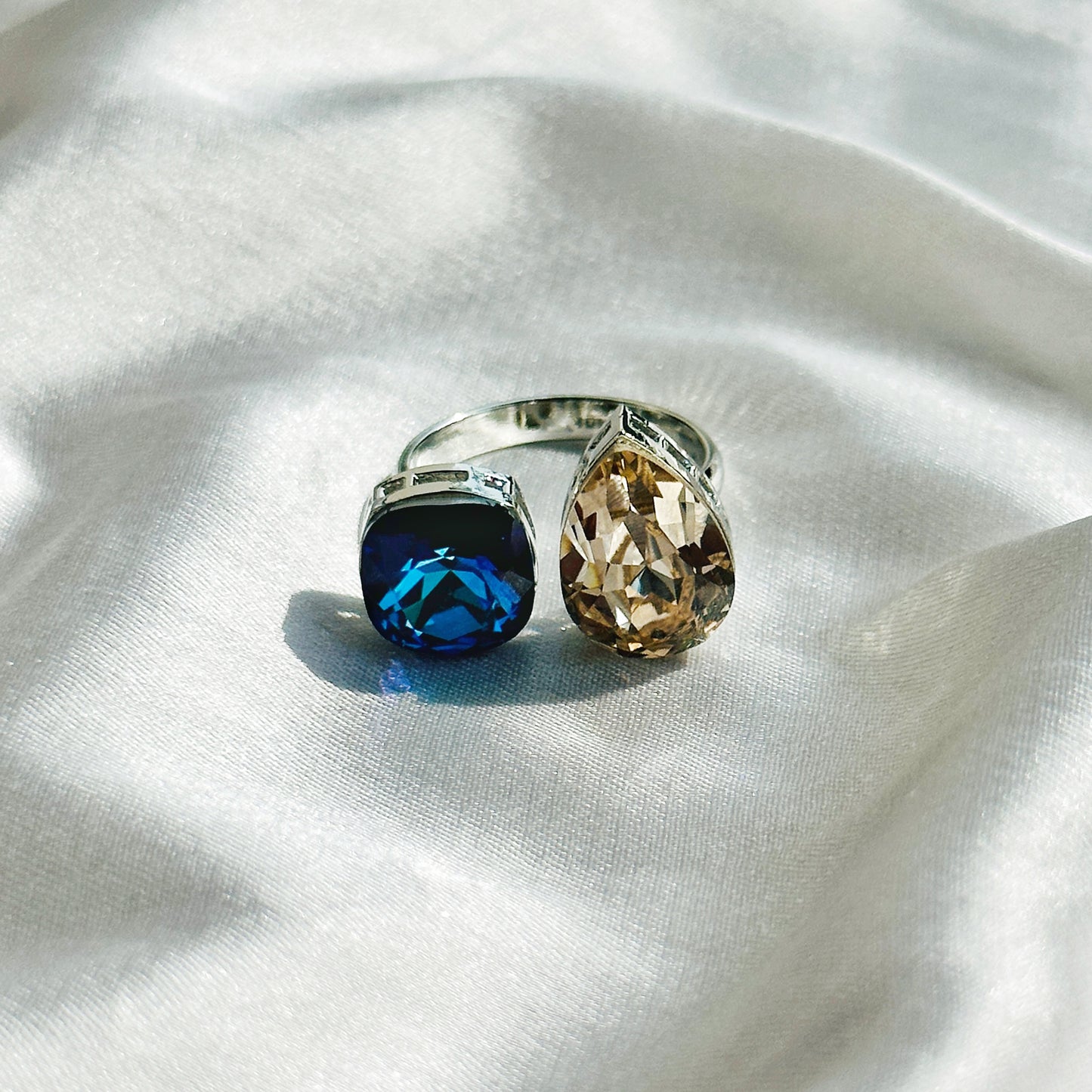 Meridian Blue/Jonquil Swarovski Crystals Silver Plated Adjustable Ring