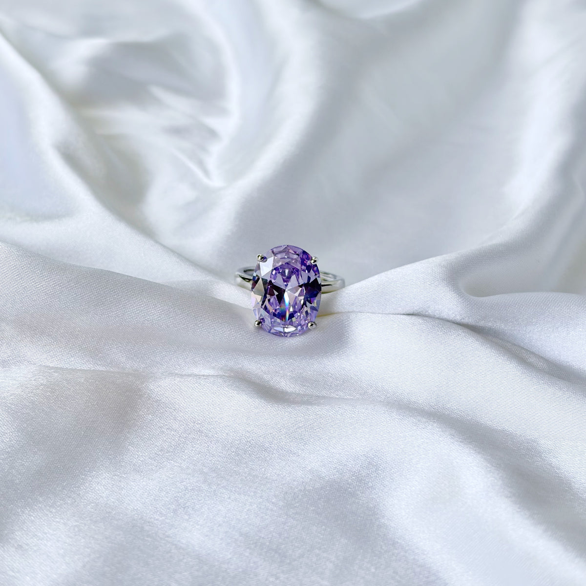 Purple Amethyst Cubic Zirconia Ice Cut American Diamond Silver Plated Adjustable Ring