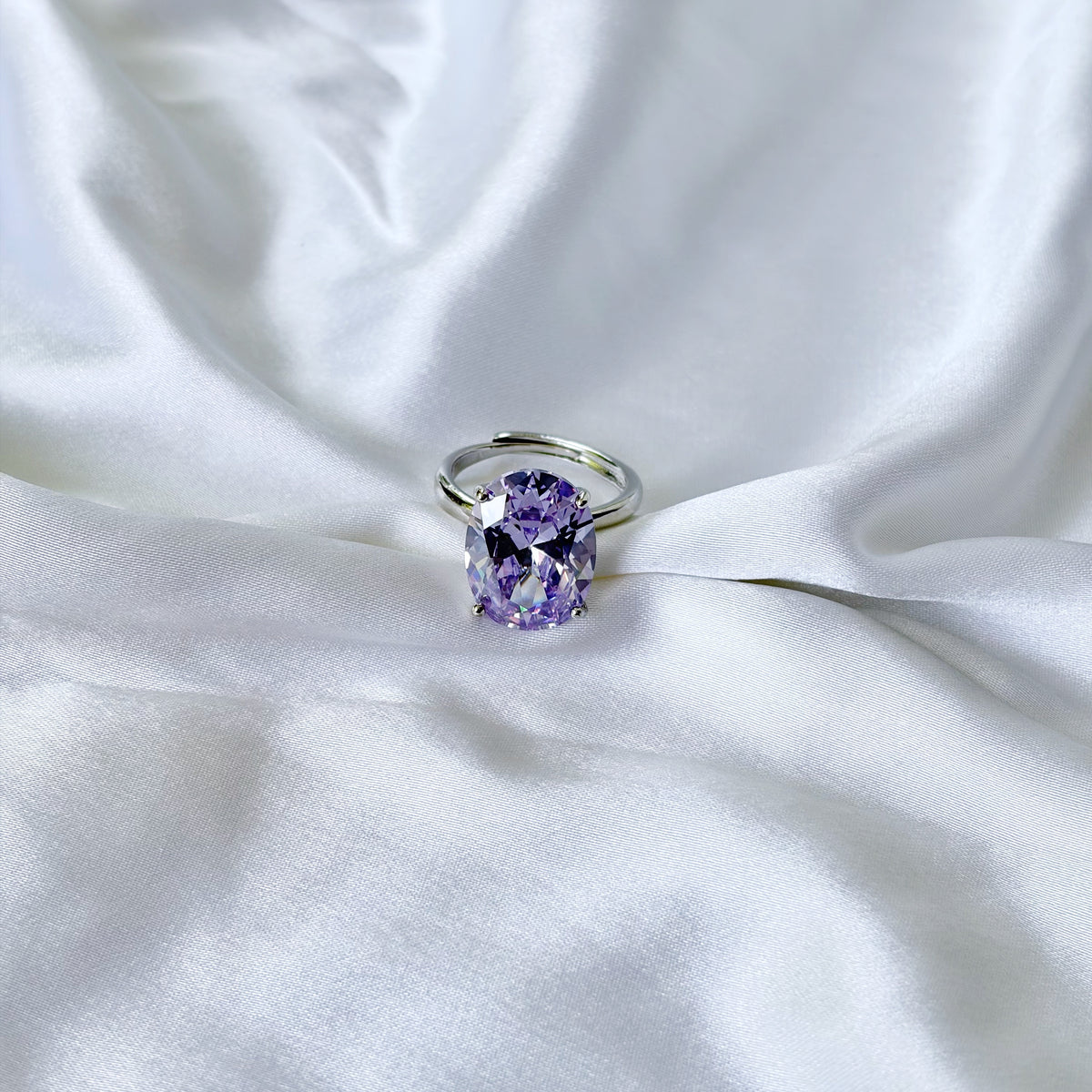 Purple Amethyst Cubic Zirconia Ice Cut American Diamond Silver Plated Adjustable Ring