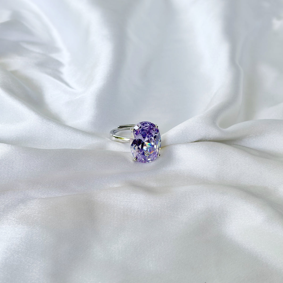 Purple Amethyst Cubic Zirconia Ice Cut American Diamond Silver Plated Adjustable Ring