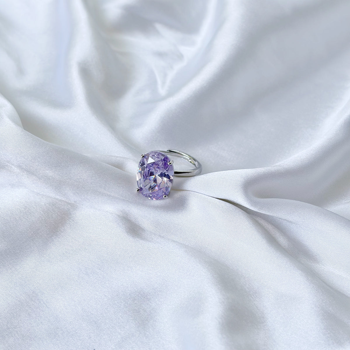 Purple Amethyst Cubic Zirconia Ice Cut American Diamond Silver Plated Adjustable Ring