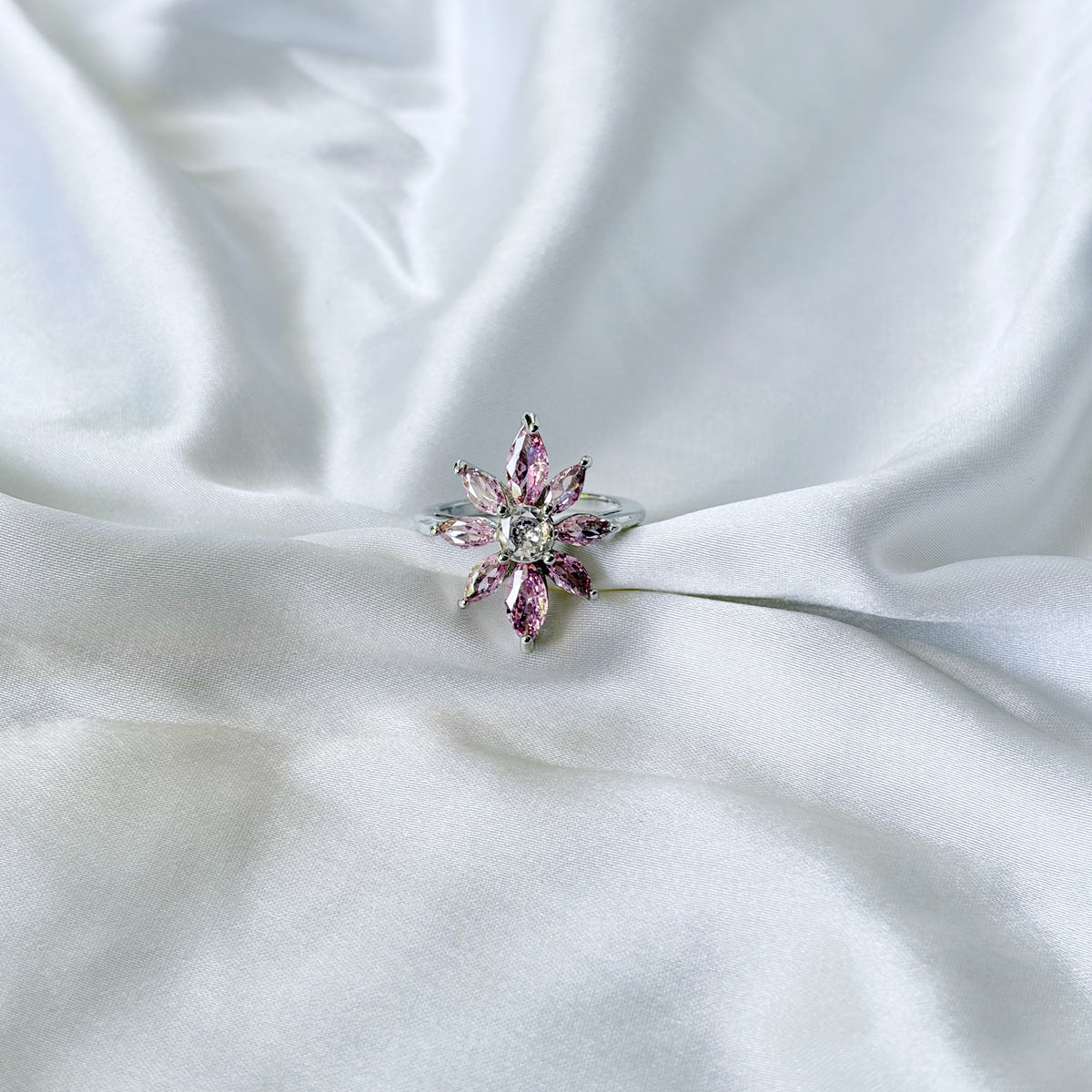 Pink Topaz Cubic Zirconia Ice Cut American Diamond Silver Plated Adjustable Ring
