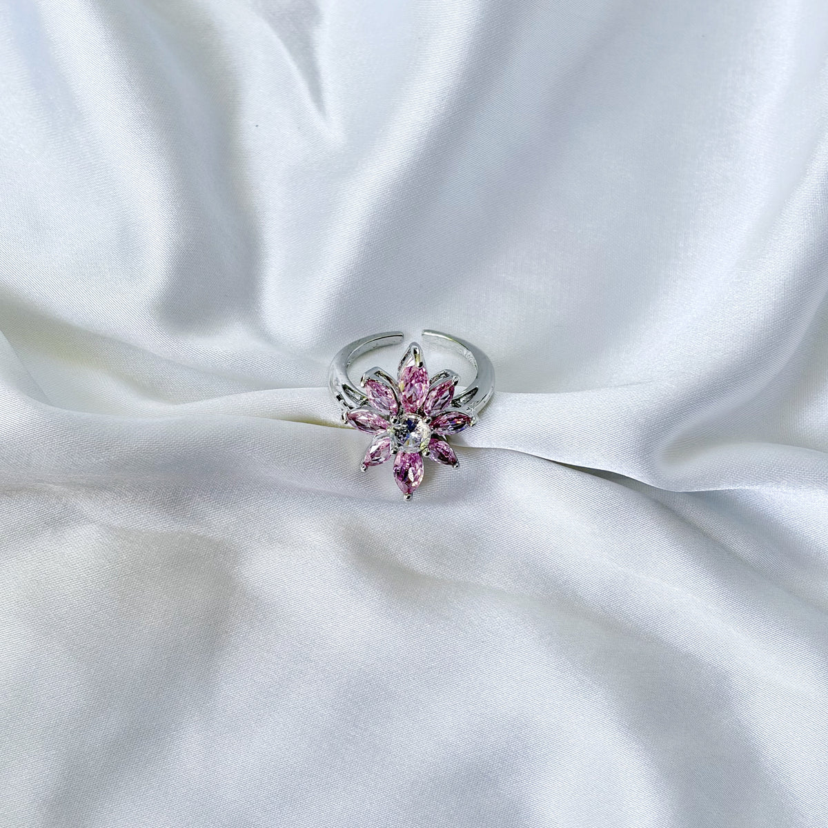 Pink Topaz Cubic Zirconia Ice Cut American Diamond Silver Plated Adjustable Ring