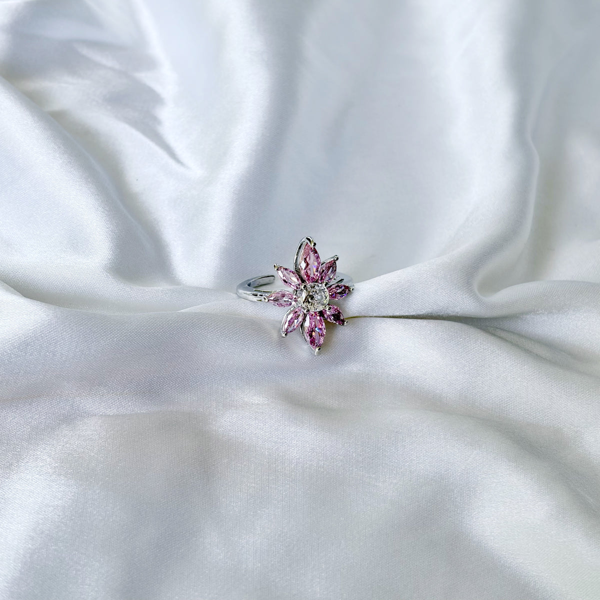 Pink Topaz Cubic Zirconia Ice Cut American Diamond Silver Plated Adjustable Ring