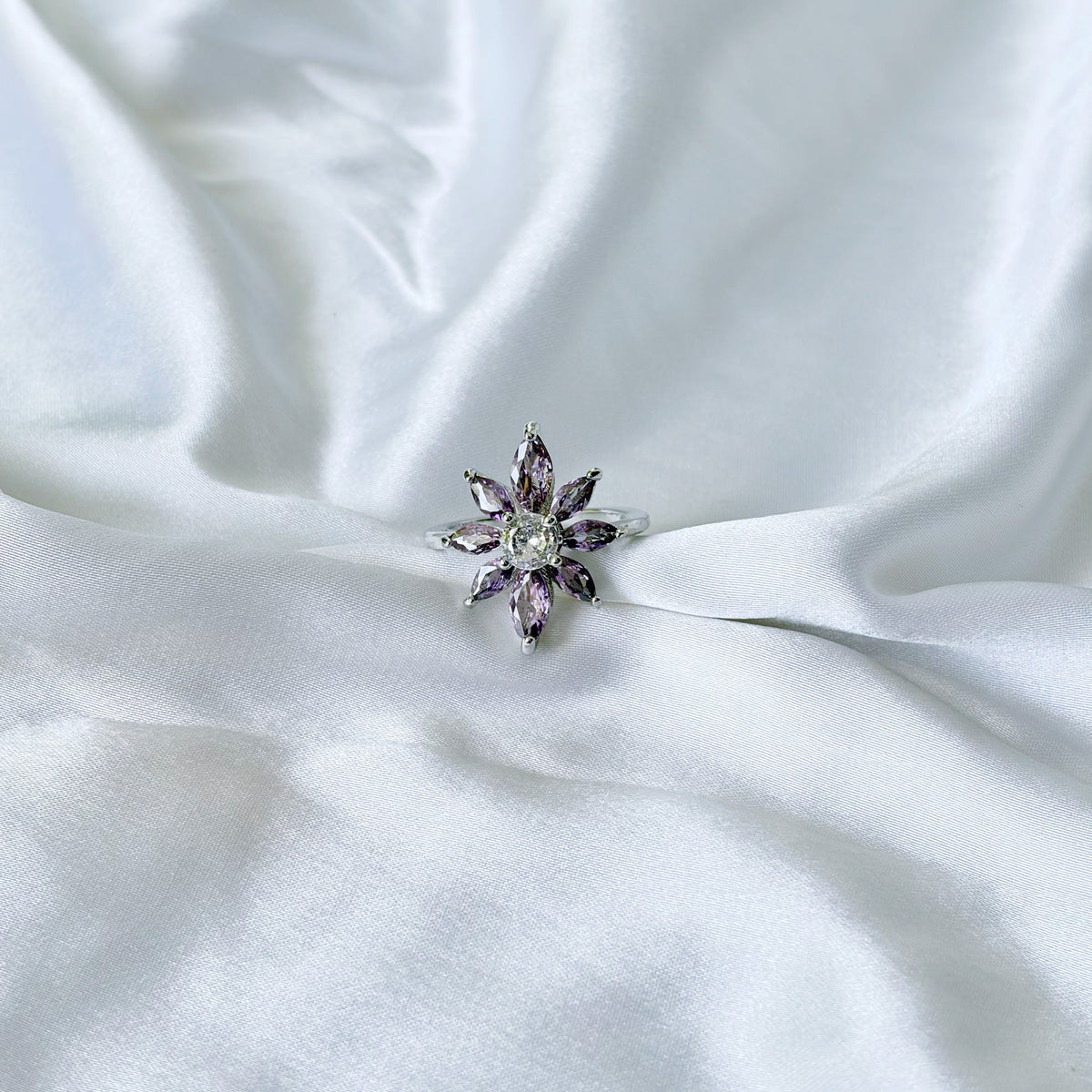 Purple Amethyst Cubic Zirconia Ice Cut American Diamond Silver Plated Adjustable Ring