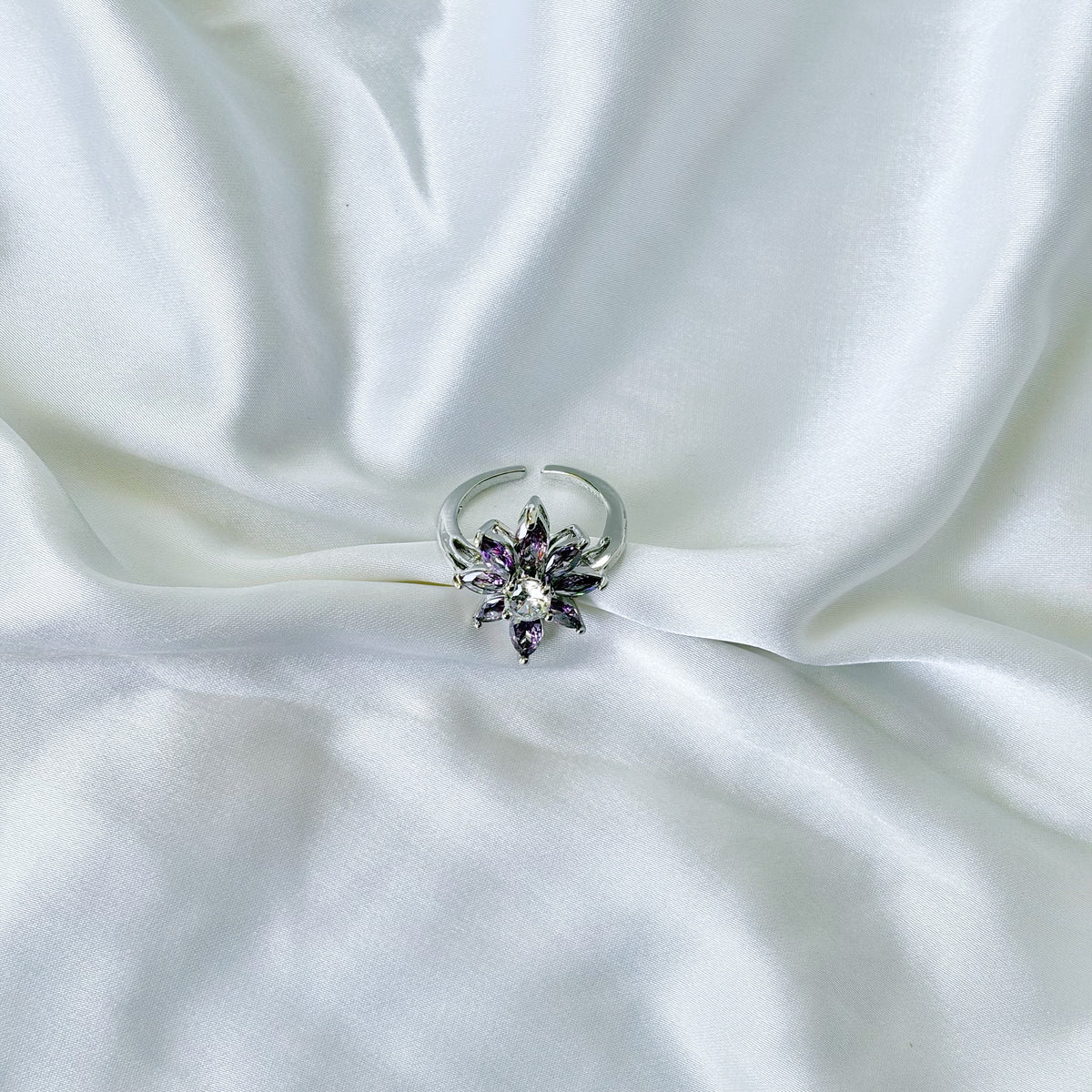 Purple Amethyst Cubic Zirconia Ice Cut American Diamond Silver Plated Adjustable Ring