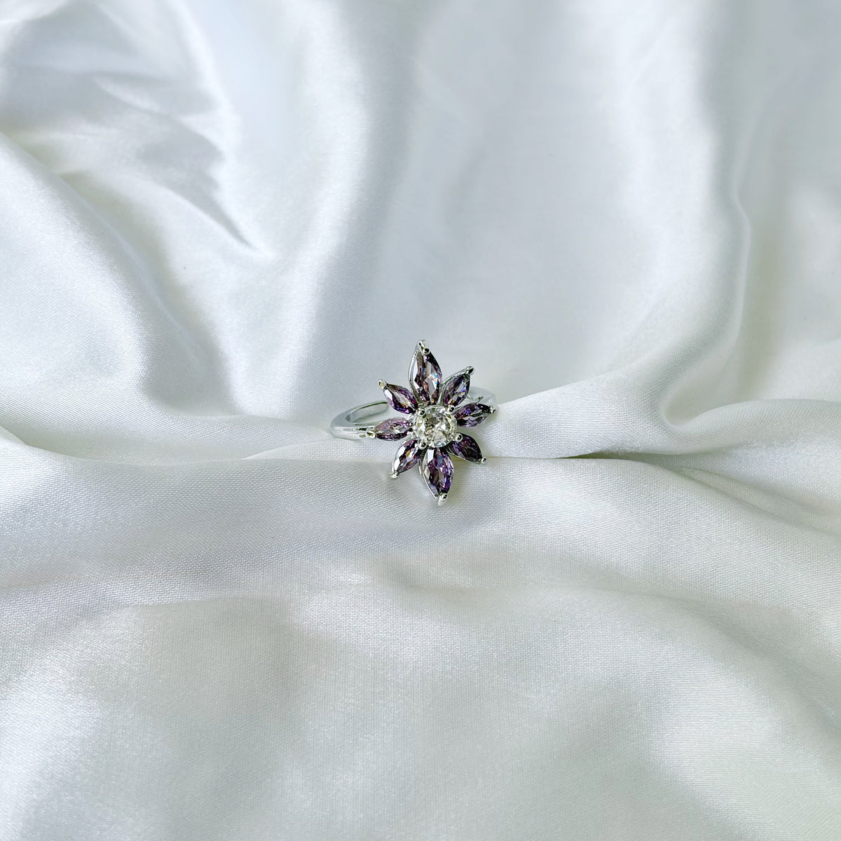 Purple Amethyst Cubic Zirconia Ice Cut American Diamond Silver Plated Adjustable Ring