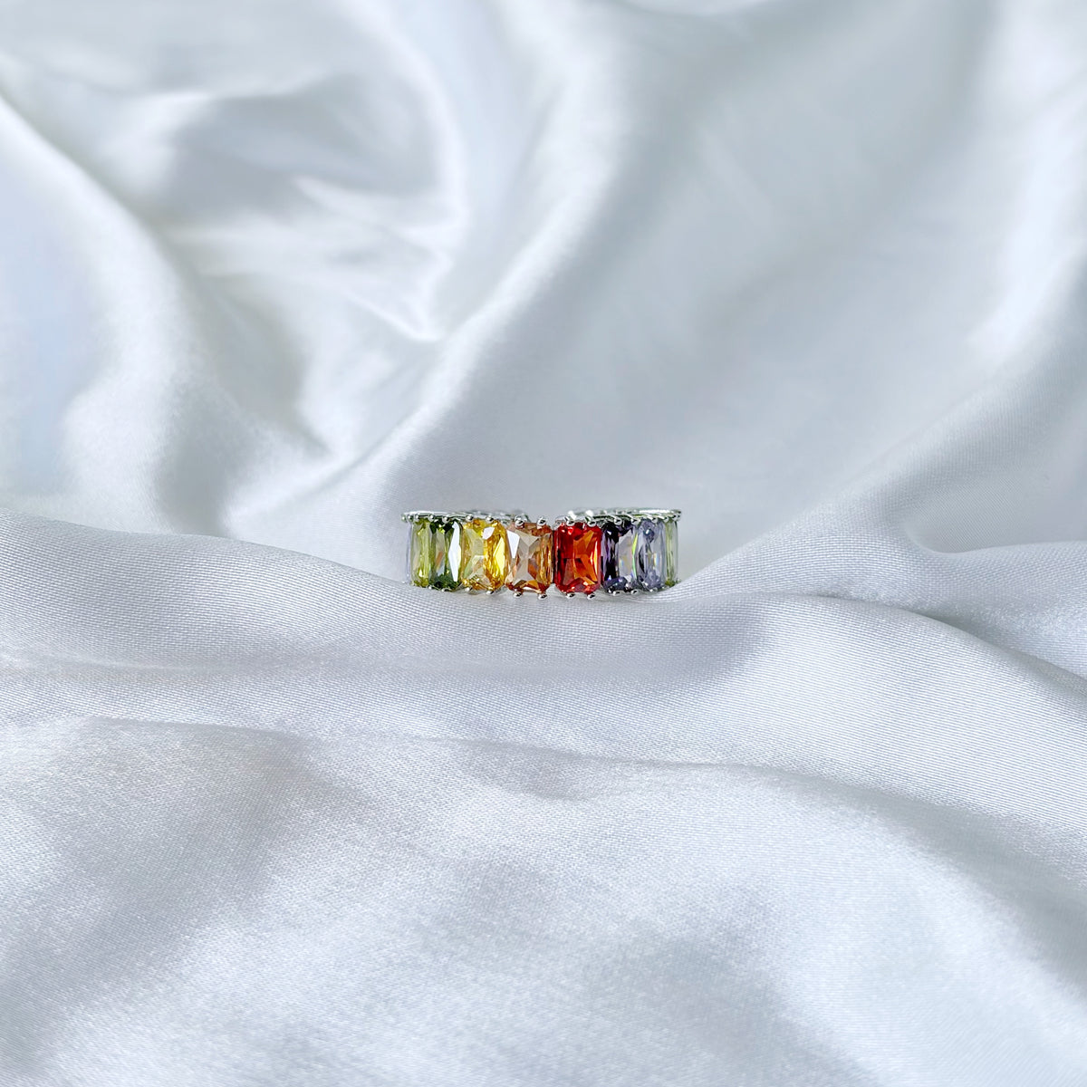 Multi Color Cubic Zirconia Ice Cut American Diamond Silver Plated Adjustable Ring