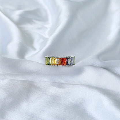 Multi Color Cubic Zirconia Ice Cut American Diamond Silver Plated Adjustable Ring