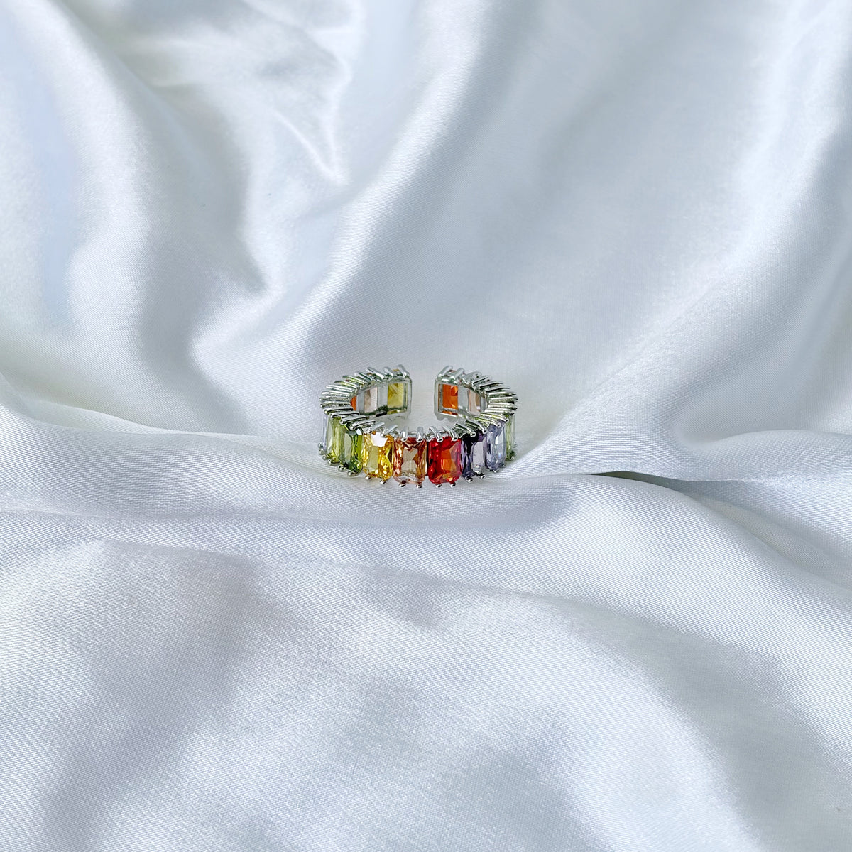 Multi Color Cubic Zirconia Ice Cut American Diamond Silver Plated Adjustable Ring