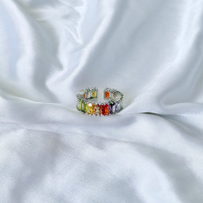 Multi Color Cubic Zirconia Ice Cut American Diamond Silver Plated Adjustable Ring