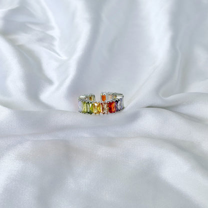 Multi Color Cubic Zirconia Ice Cut American Diamond Silver Plated Adjustable Ring